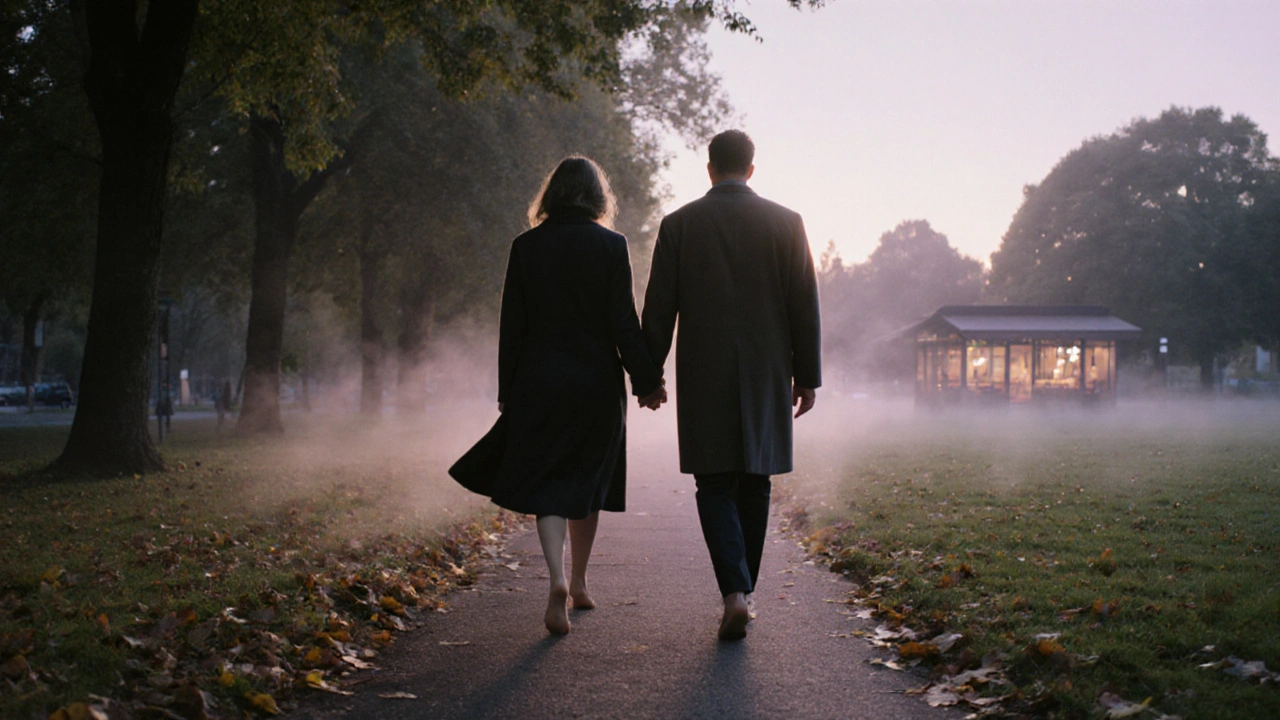 A man and woman walk hand-in-hand through a misty autumn park at sunrise.