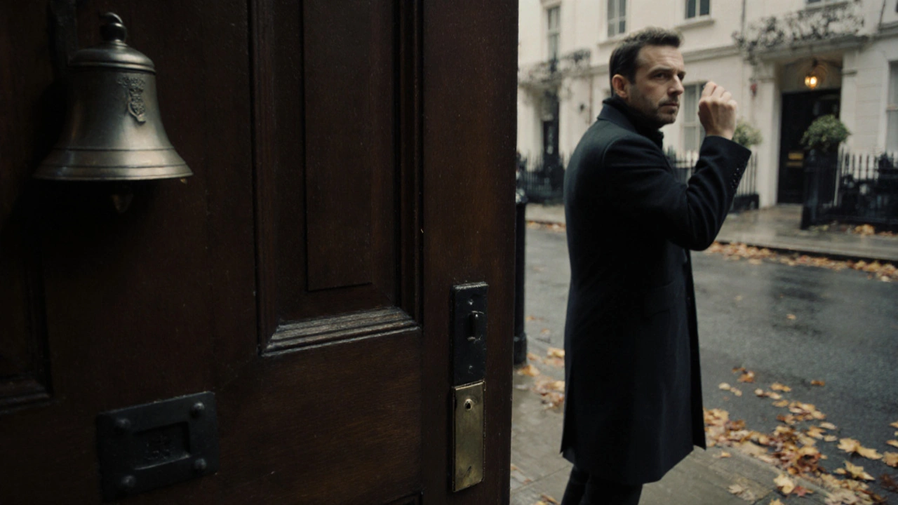 A man hesitating at the door of a private London residence, no signs, quiet street.