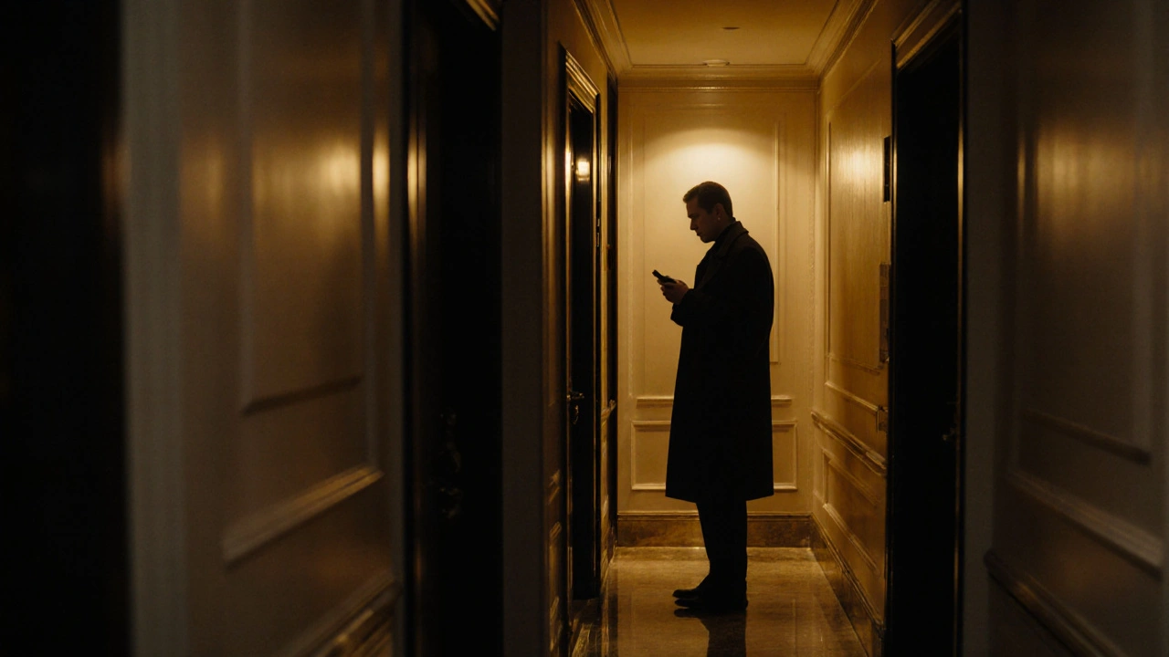 A man standing outside a hotel room door at night, texting to confirm his arrival.