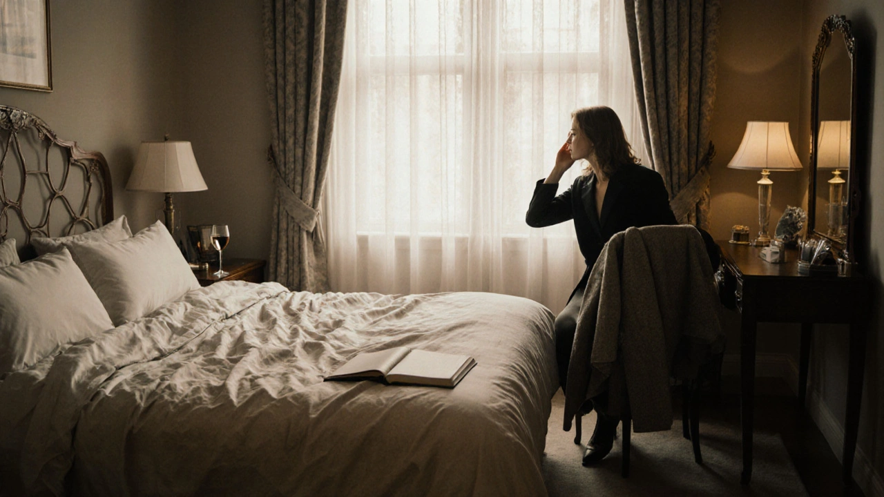 A mature woman brushing her hair in morning light, coat on chair, serene bedroom setting.