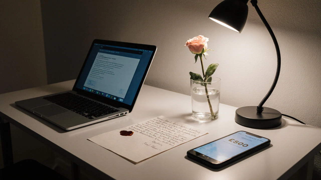 A minimalist desk with a bank transfer notification, sealed letter, and wilting rose under soft lamplight.