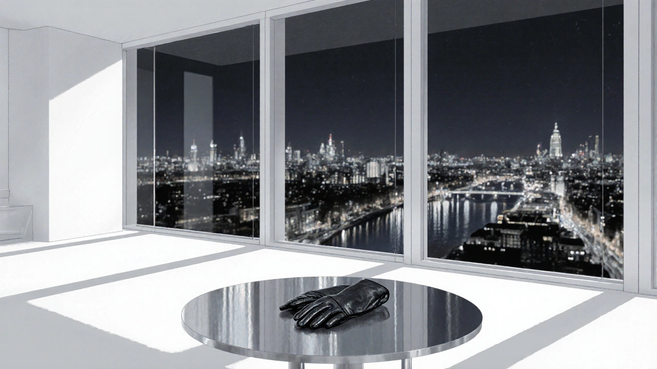 A minimalist penthouse with floor-to-ceiling windows, a pair of leather gloves on a steel table, and a blurred London skyline.