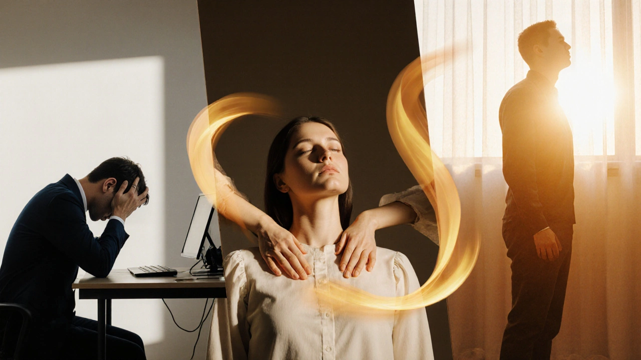 A person’s transformation from stress to calm through regular massage sessions, shown in three stages.