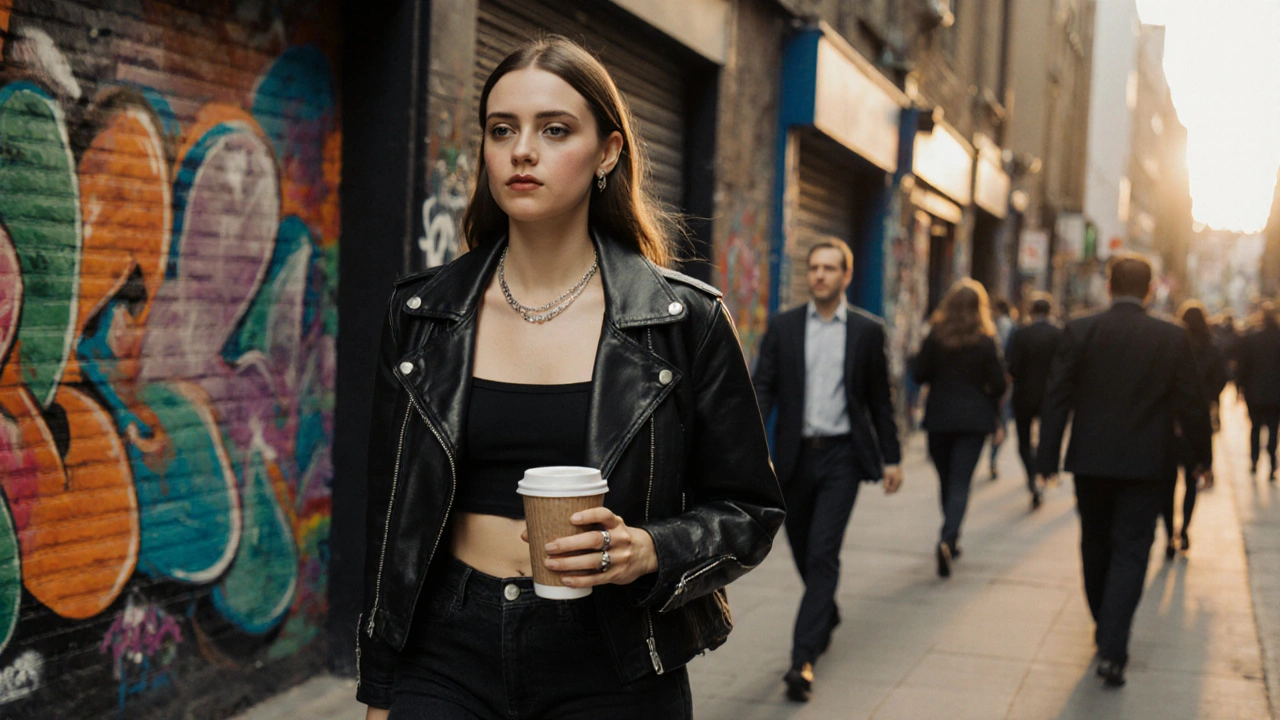 A petite woman in streetwear walks confidently through Shoreditch at golden hour, holding a coffee cup amid urban graffiti and blurred passersby.
