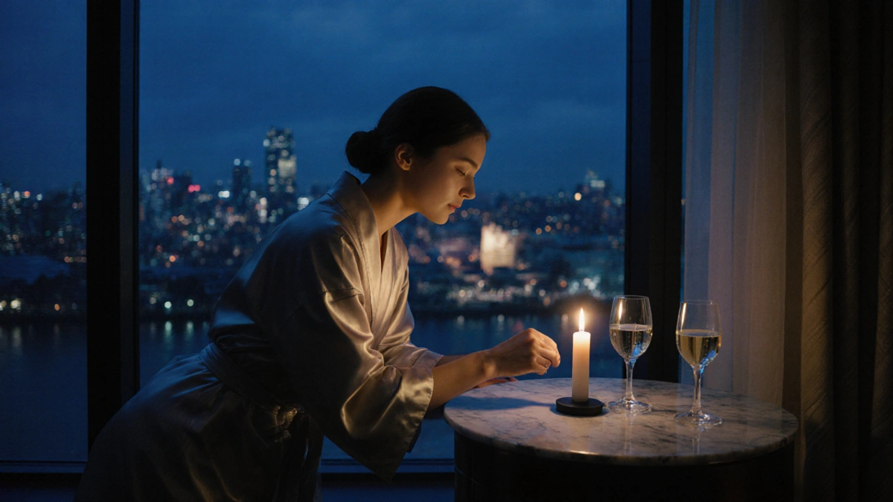 A petite woman lights a candle beside two wine glasses in a luxurious hotel suite, the city skyline glowing outside the window.