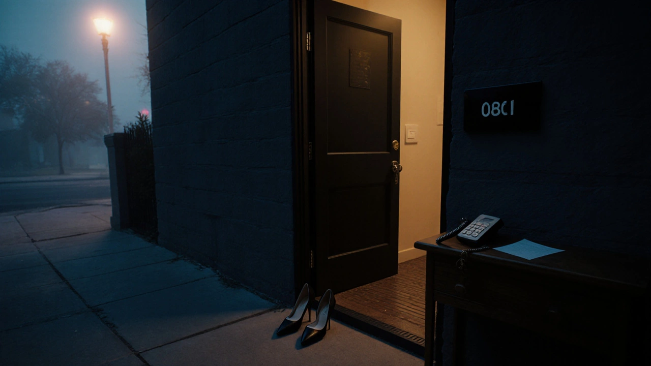 A private residence entrance at twilight with no identifying marks, burner phone and key on a console.