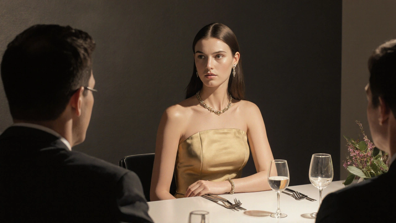 A professional woman attentively listening to a man during a business dinner in London.