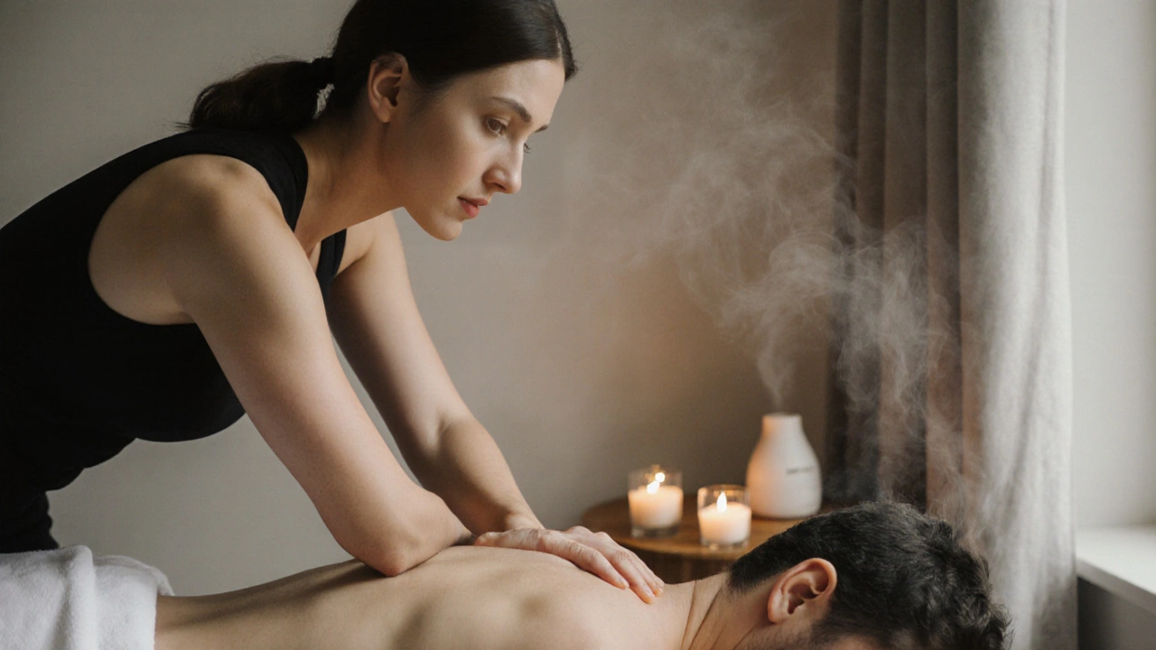 A sensual massage session with two figures in calm contact, candlelight glowing softly in the background.
