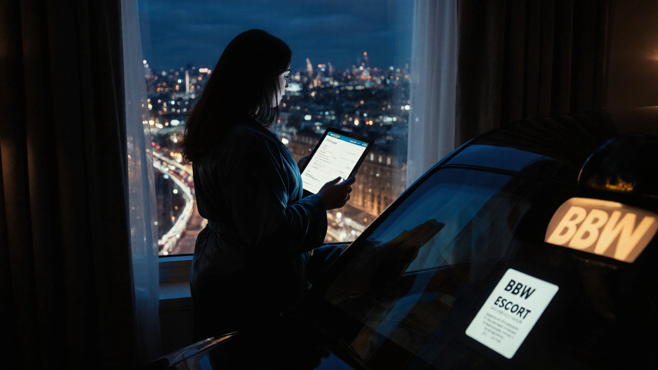 A silhouette of a woman in a robe at a London hotel window, viewing city lights.