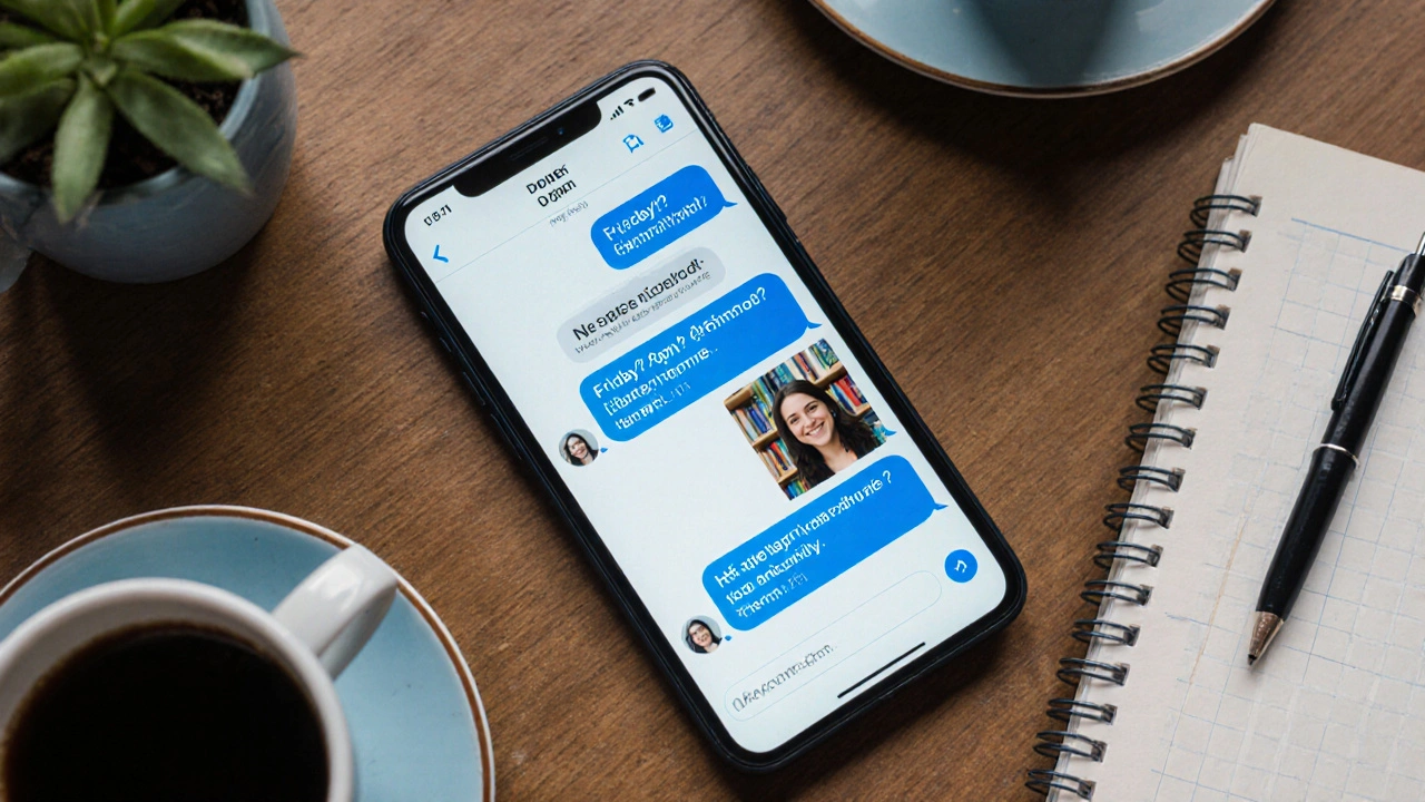 A smartphone on a desk displaying encrypted messages, surrounded by everyday items in a modern apartment.