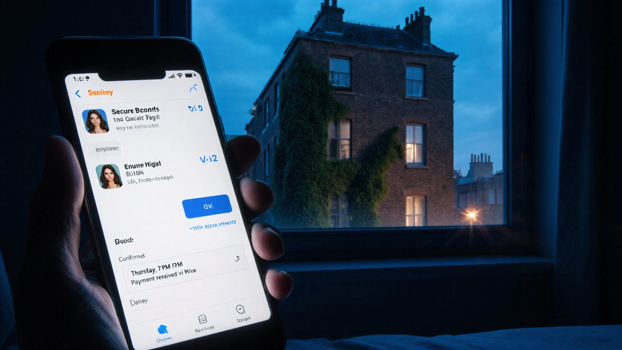 A smartphone showing a verified escort profile with secure messaging and payment confirmation.