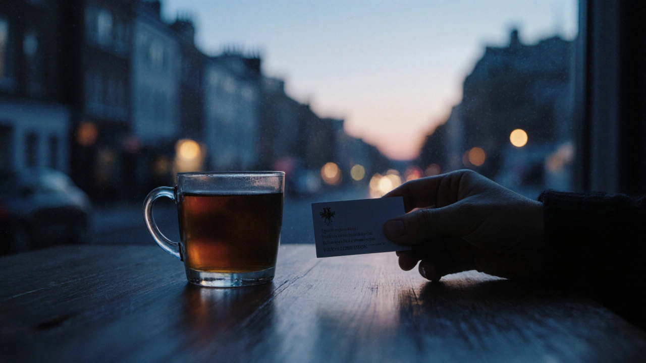 A tea cup and business card on a wooden table beside a blurred London street at dusk, symbolizing trust and connection.