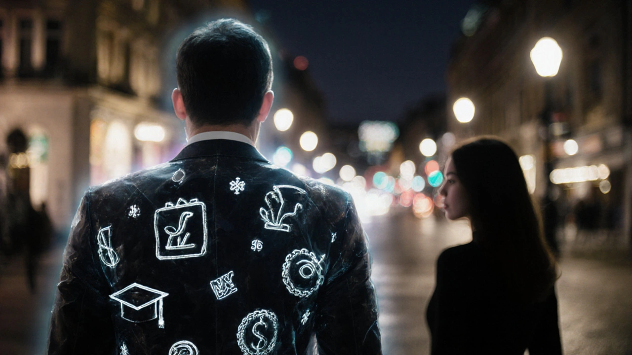 A transparent suit symbolizing enhanced presence, with a subtle female silhouette in the background of London&#039;s Mayfair.