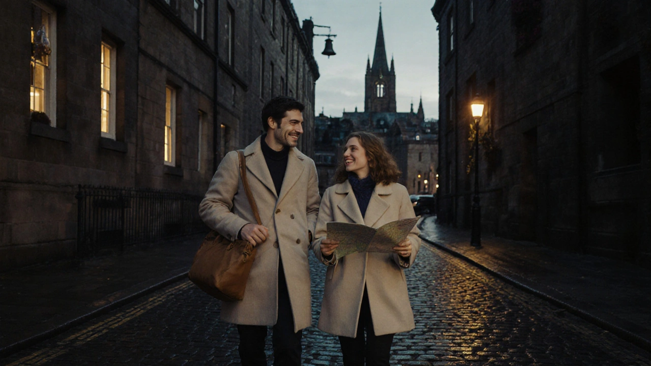 A travel companion walks beside a solo traveler through historic Edinburgh streets at dusk, offering quiet support.