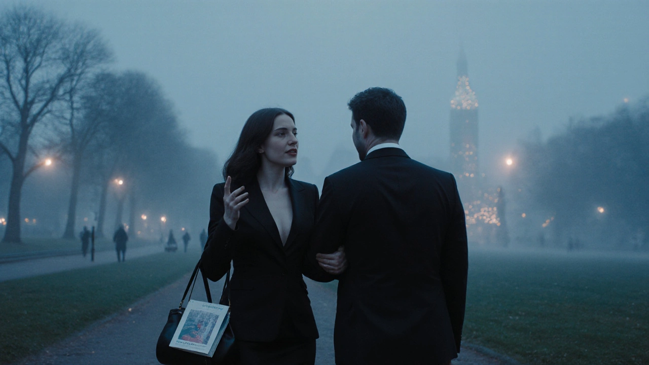 A well-dressed woman and man walking peacefully through Hyde Park at twilight, city lights glowing behind them.