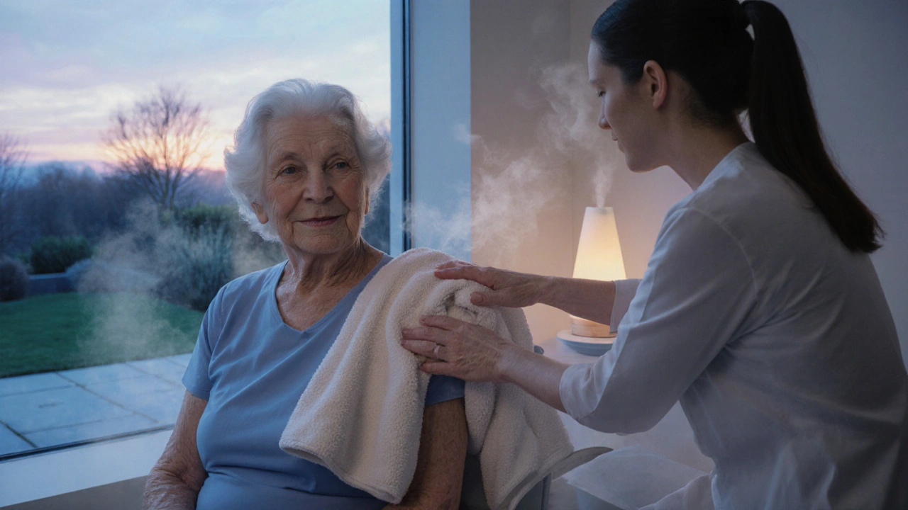 A wellness companion gently comforts an elderly woman with a warm towel in a serene, softly lit spa room.