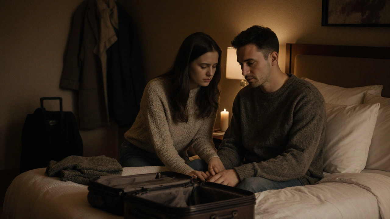 A woman holds a man&#039;s hand as he cries, candlelight glowing beside them in a quiet hotel room.