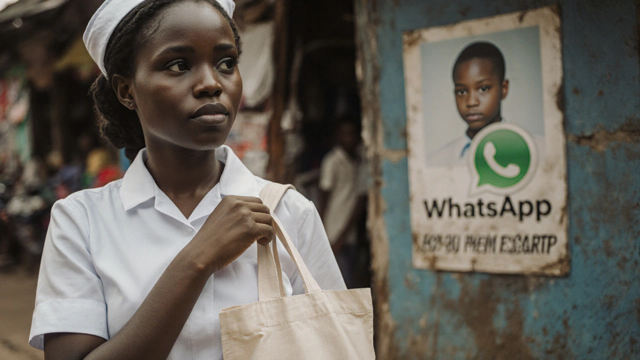 A woman in a nurse’s uniform walking past a local market in Owo, carrying a tote bag.