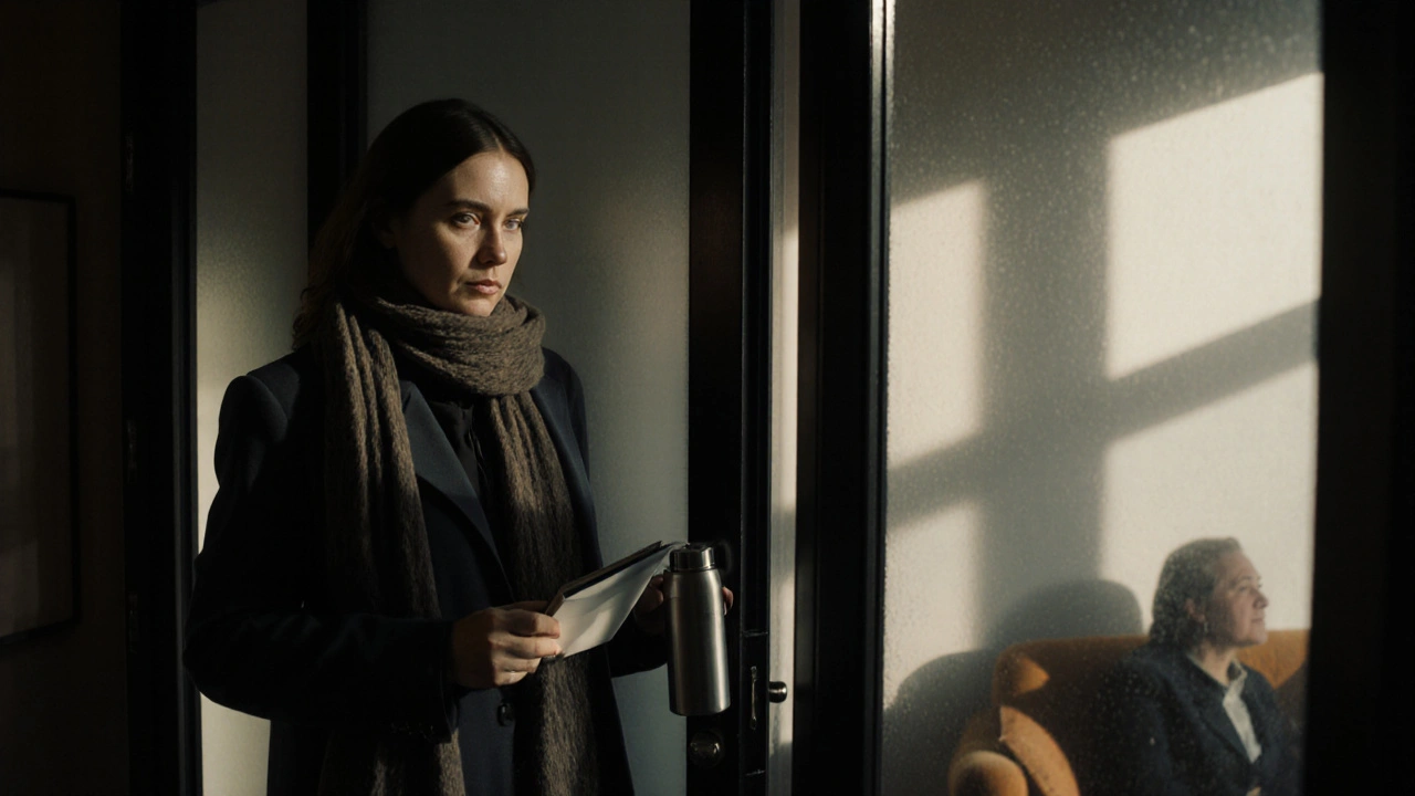 A woman locks a door after a session, holding a thermos, quiet morning light falling on a professional hallway.