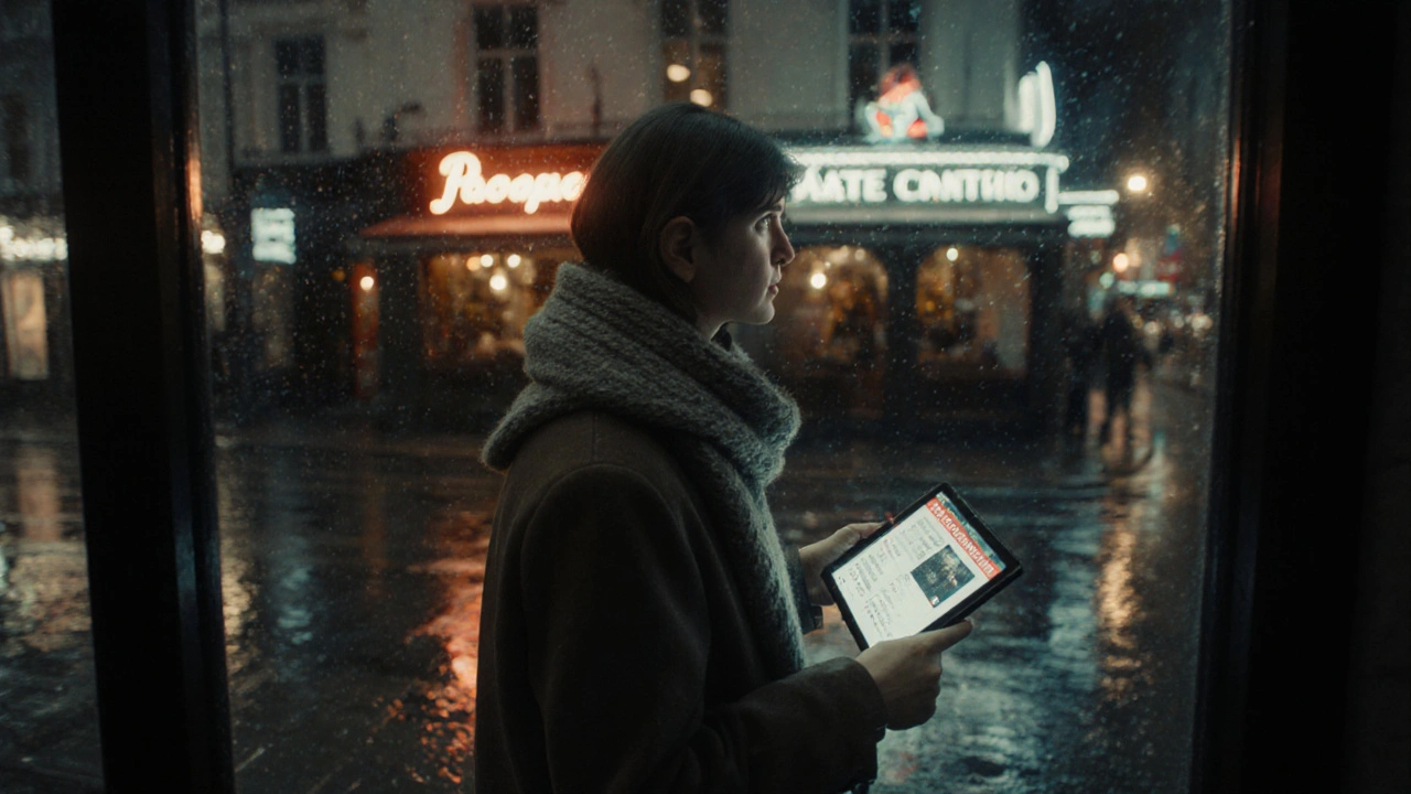 A young Russian student walks past a London café at night, holding a tablet with an escort directory, rain reflecting neon lights.