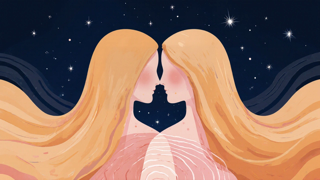 Abstract figures merging at the chest, symbolizing emotional connection through warmth and breath.