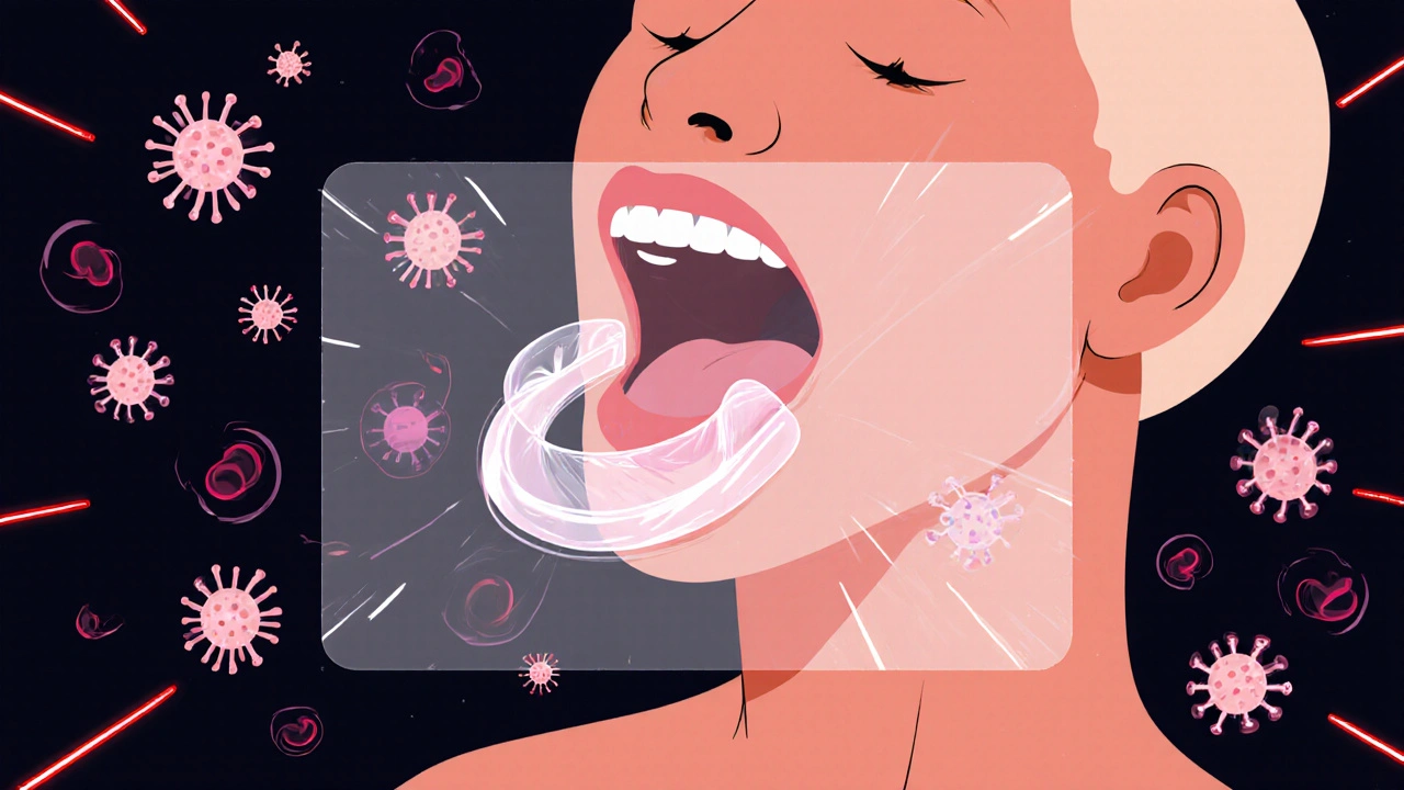 An abstract medical illustration showing protective barriers blocking STI pathogens in the throat and mouth.