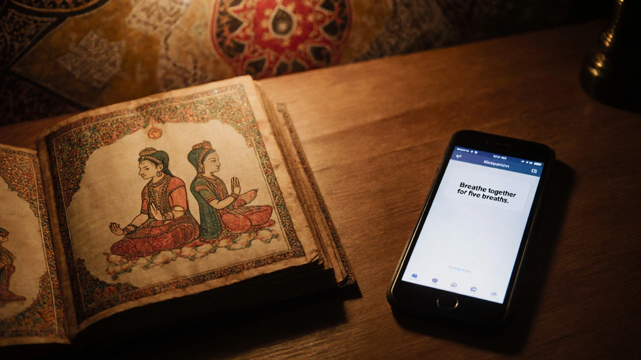 An ancient manuscript and modern smartphone side by side, both showing breathing exercises.