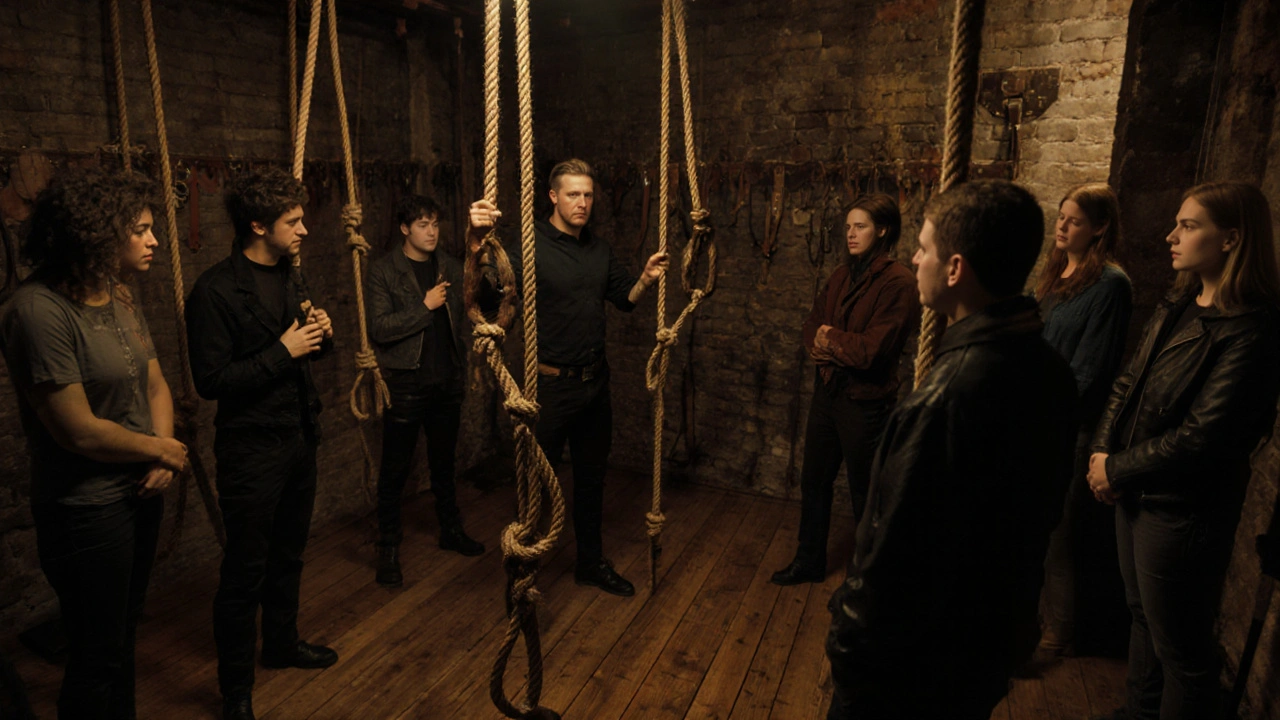 An educator demonstrates rope safety in a gothic dungeon, surrounded by attentive participants.