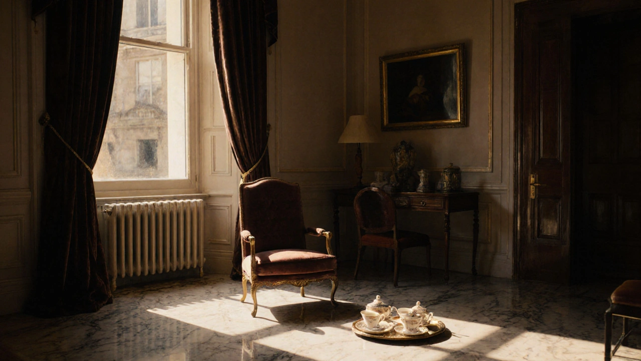 An elegant Georgian townhouse interior with marble floors, velvet drapes, and a tea tray beside an empty armchair.