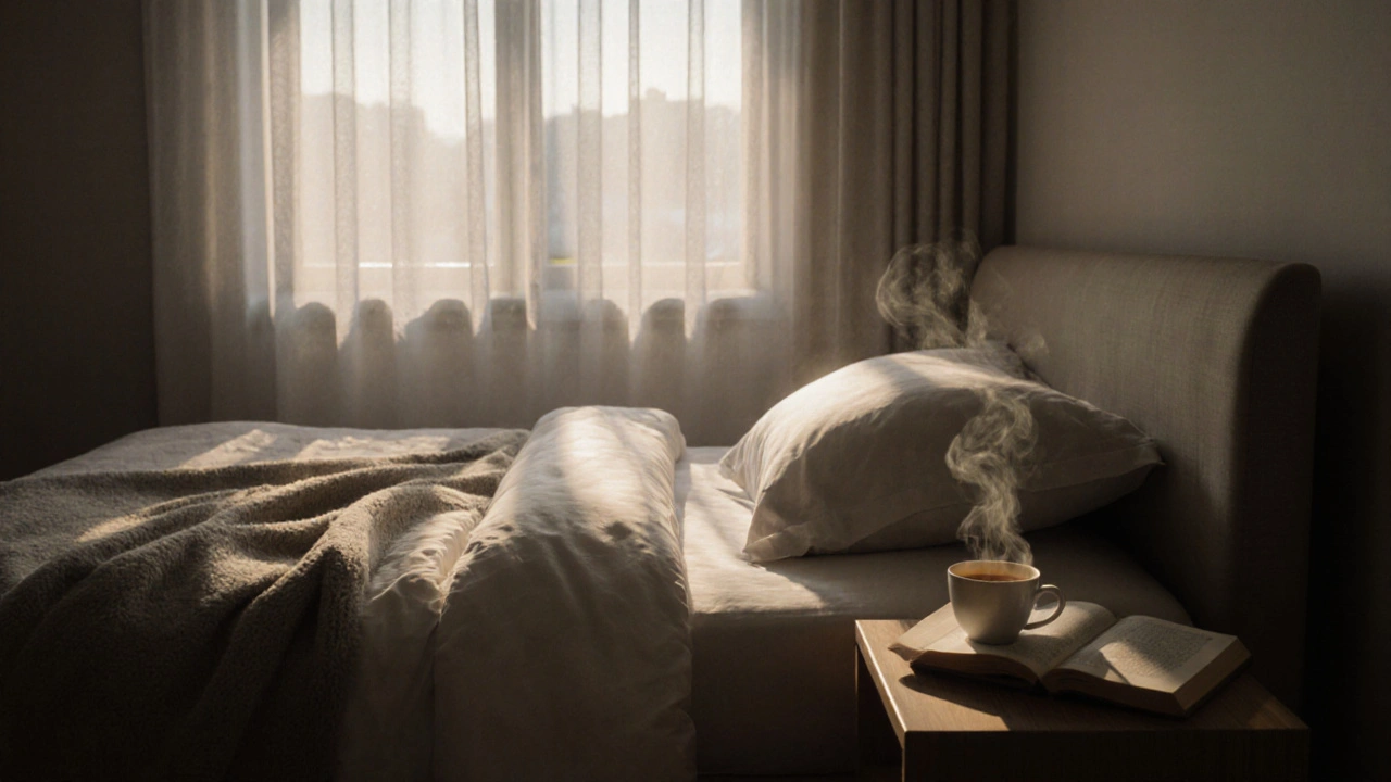 An empty bed in morning light, tea and book on side table, peaceful and untouched space.