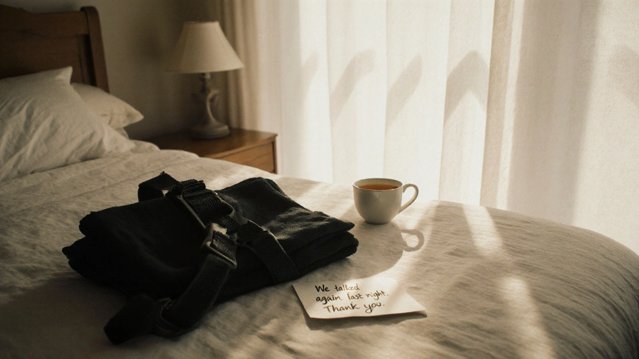 An empty bedroom at dawn with a folded harness and a heartfelt note on the nightstand.