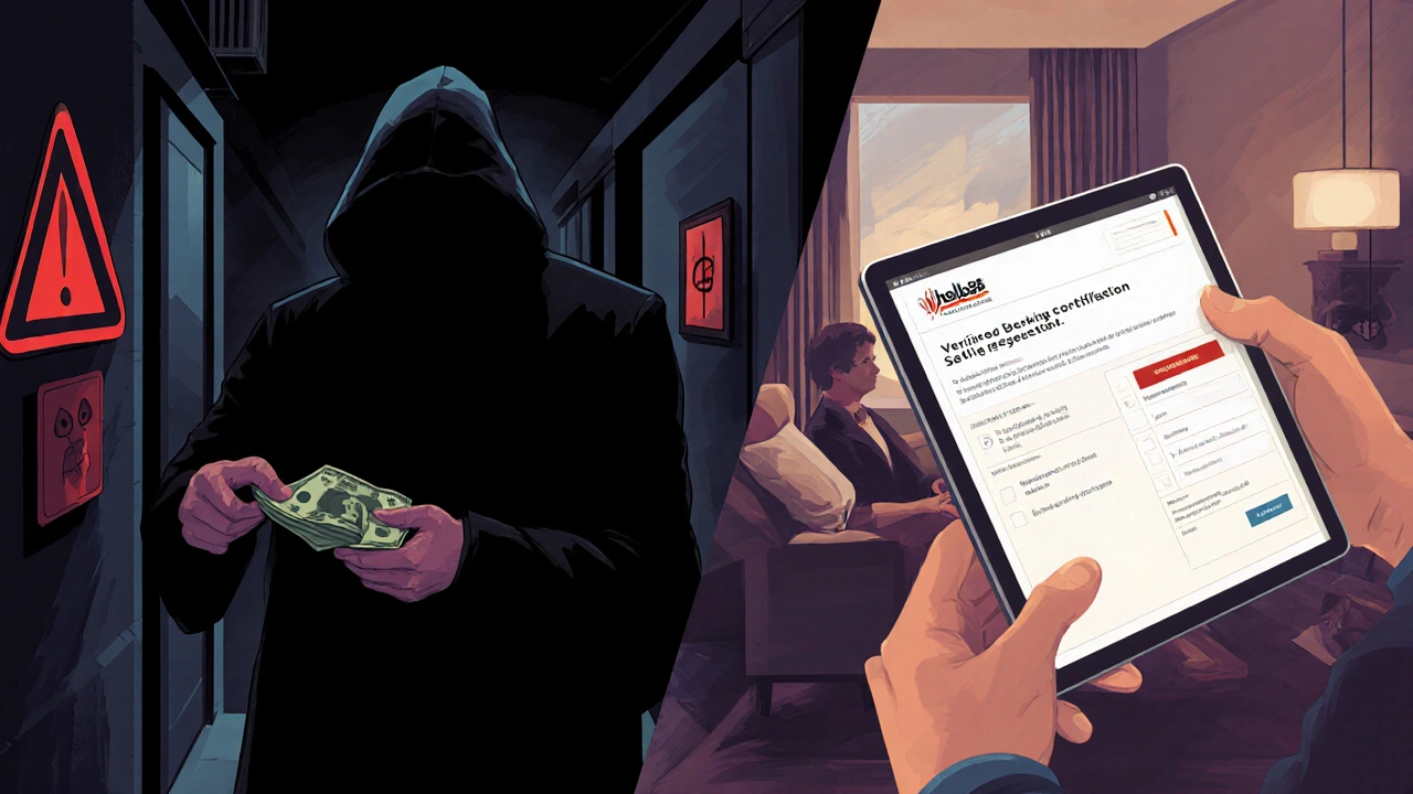 Contrasting scenes: risky alley meeting vs. safe hotel handshake.