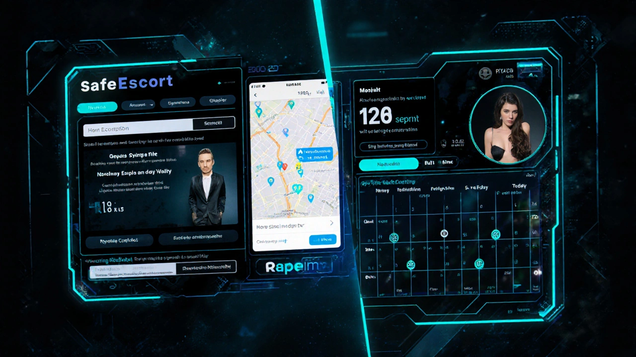 Digital booking interface showing secure client verification and real-time location tracking for escorts in London.
