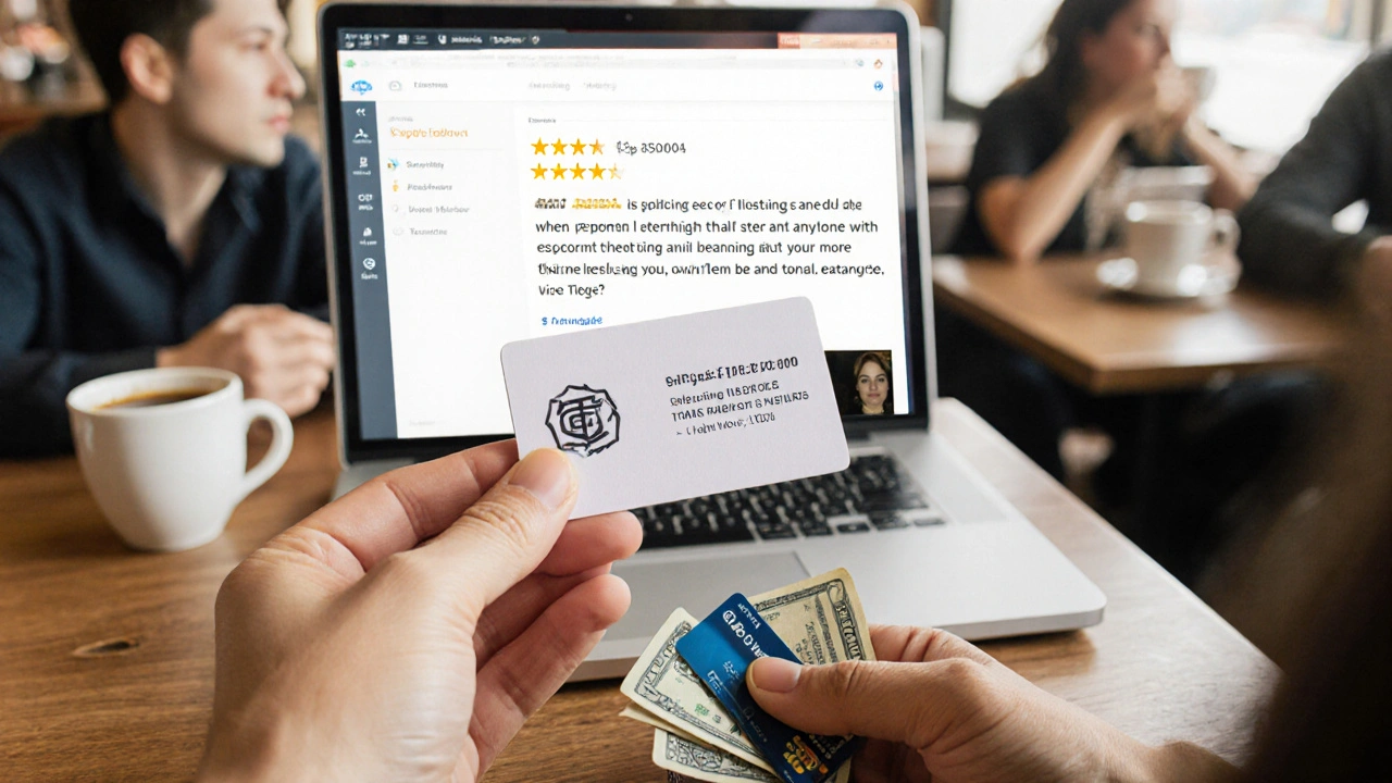 Hands exchanging a business card and cash in a cozy café, symbolizing trust and professionalism.