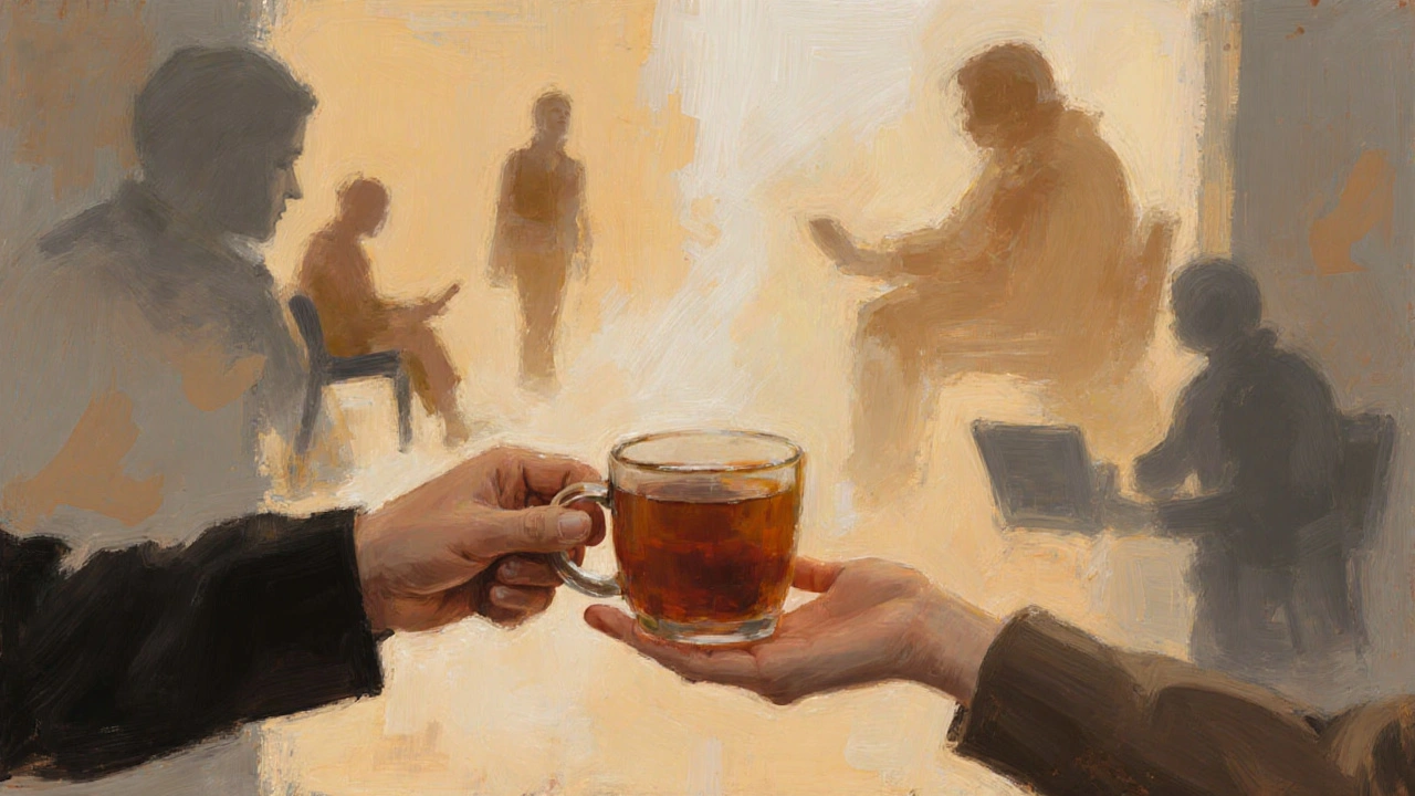 Hands exchanging a cup of tea, with faint silhouettes of loneliness fading around them in warm tones.