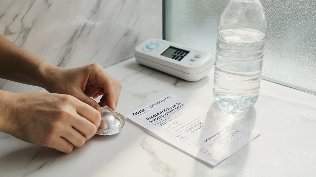 Hands placing a condom and STI test result on a clean bathroom counter.