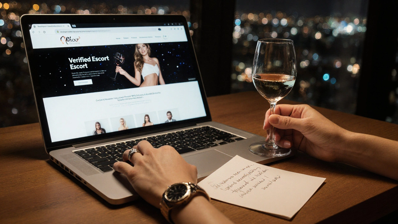 Hands placing wine and a note beside a laptop showing a verified escort website, symbolizing trust and discretion.