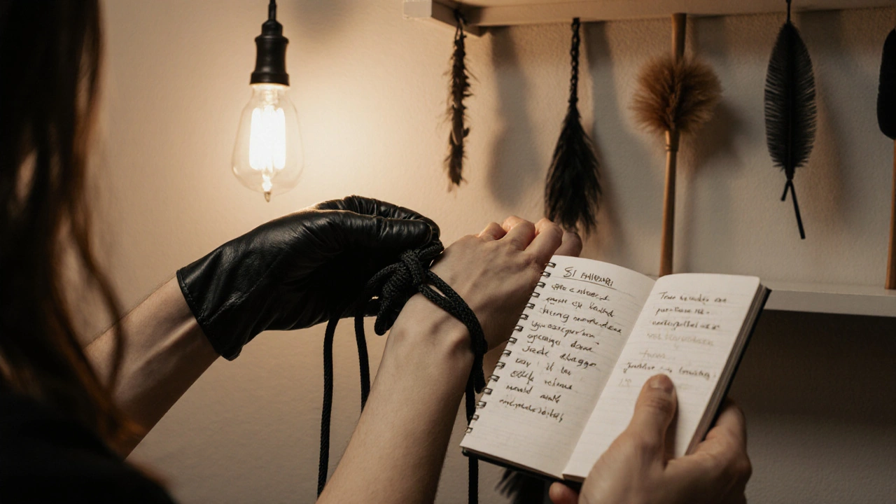 Hands tying Shibari rope with a notebook showing safe word notes nearby.