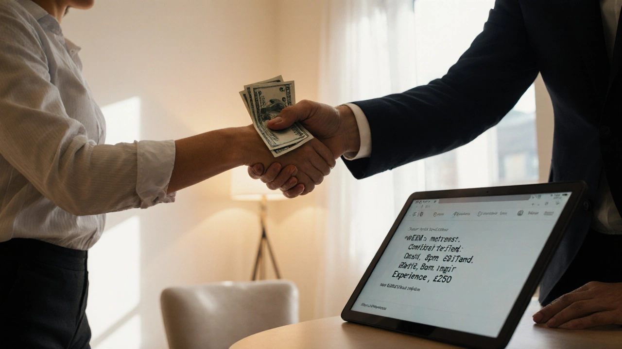 Handshake between client and escort in a clean apartment, with a written service agreement visible on a tablet.