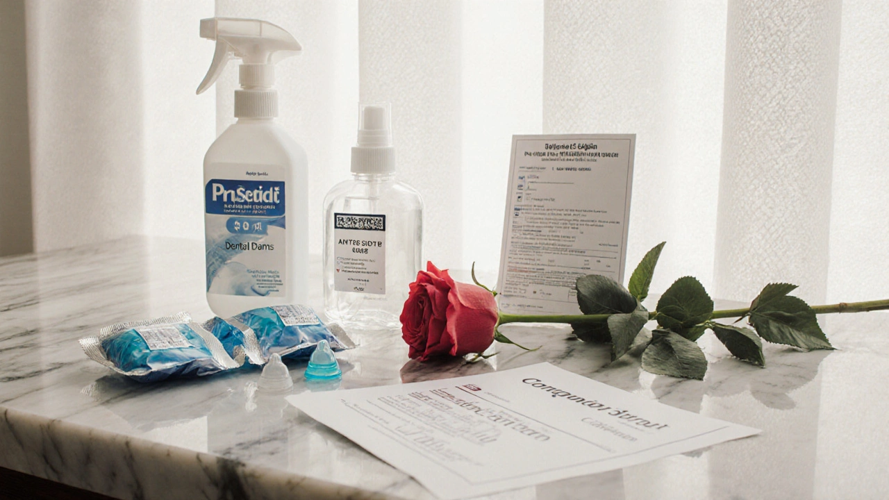 Hygiene supplies and a recent STI test result neatly arranged on a marble countertop.