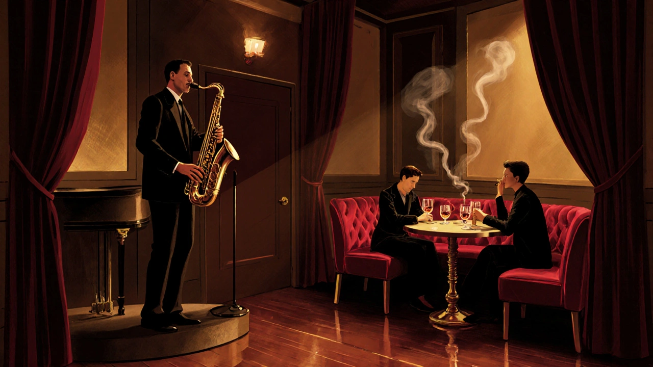 Intimate couple in a dimly lit jazz lounge, listening to a saxophone player.
