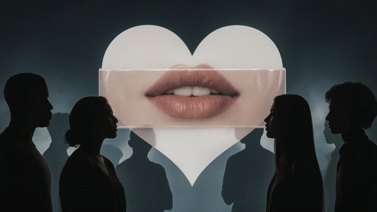 Lips kissing a heart-shaped latex barrier, symbolizing safe and respectful intimacy.