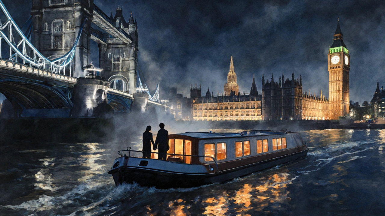 Silent midnight boat ride on the Thames under Tower Bridge with city lights reflecting.