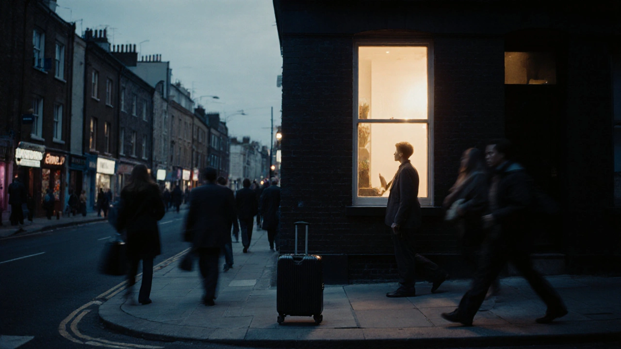 Solitary figure in a safe East London neighborhood at dusk, looking toward a lit apartment window.