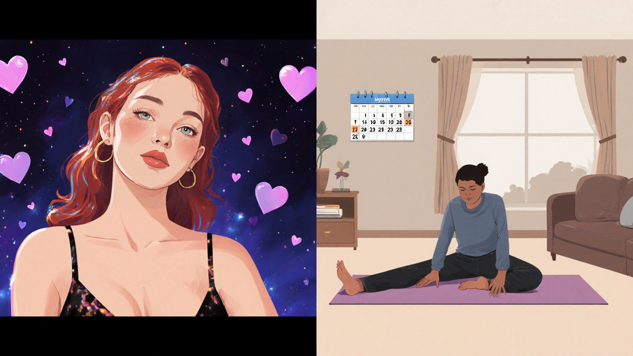Split image: idealized fantasy porn scene on one side, real performer stretching on a yoga mat in a quiet apartment on the other.