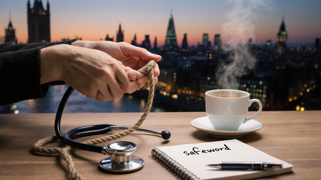 Symbolic objects representing consent, safety, and emotional healing in bondage.