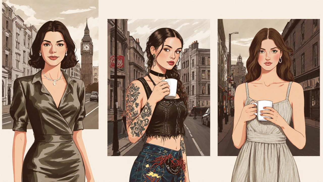 Three British escort profiles in different London neighborhoods: elegant, alternative, and serene, each in their own setting.