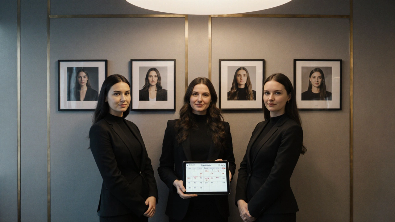 Three professional Russian women in elegant clothes beside verified profile photos in a modern agency office.