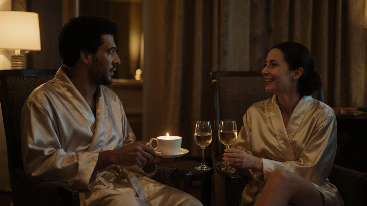Two couples sharing quiet moments after a group session in a boutique hotel room.