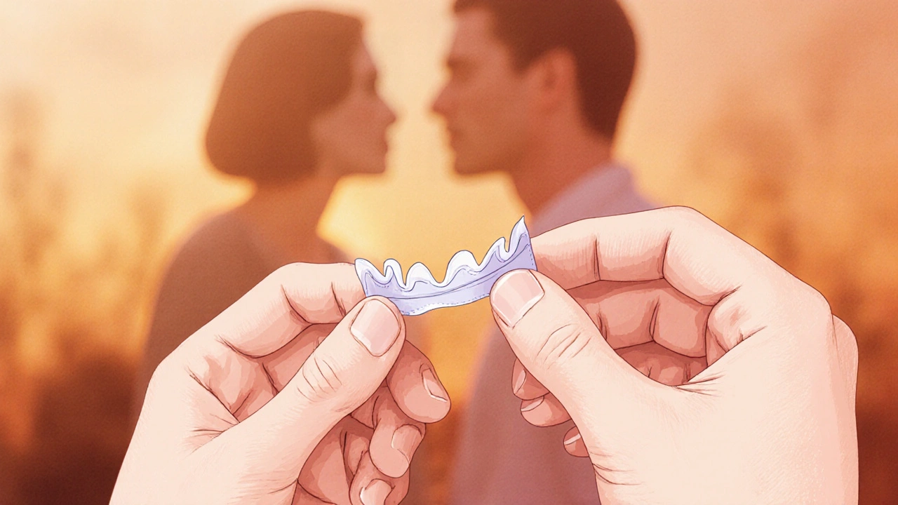 Two hands holding a dental dam during intimate conversation, emphasizing consent and safety.